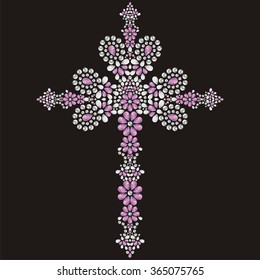 Vintage Beautiful Ornate Christian Cross From Brilliant Stones, Silver And Pink. Rhinestone Applique, Decoration For Clothing.  (abstract Vector Art Illustration)