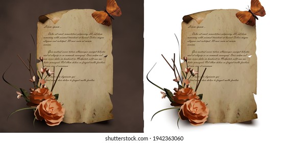 vintage beautiful realistic parchment template for letter, literature, greeting card with beautiful decorative rose flower and butterfly vector illustration