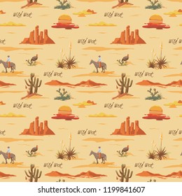 Vintage beautiful seamless desert illustration pattern. Landscape with cactuse, mountains, cowboy on horse, sunset vector hand drawn style background