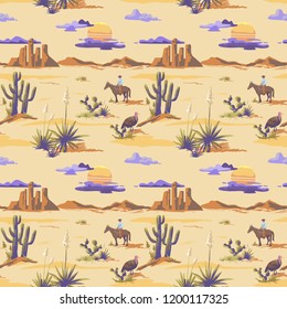 Vintage beautiful seamless desert illustration pattern. Landscape with cactuse, mountains, cowboy on horse, sunset vector hand drawn style background