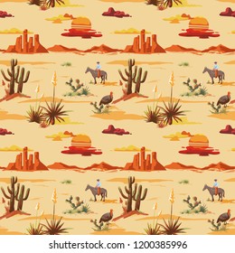 Vintage beautiful seamless desert illustration pattern. Landscape with cactuse, mountains, cowboy on horse, sunset vector hand drawn style background