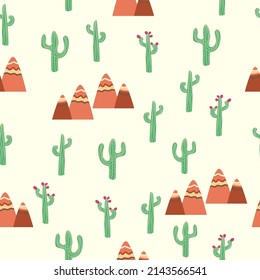 Vintage beautiful seamless desert pattern illustration. Landscape with a cactus, mountains, clouds, dreamcatcher