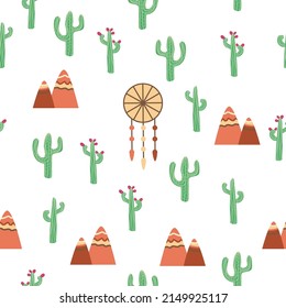 Vintage beautiful seamless desert pattern illustration. Landscape with a cactus, mountains, clouds, dreamcatcher