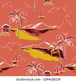 Vintage Beautiful seamless island pattern vector. Landscape with palm trees,beach and ocean vector hand drawn style on orange color background.
