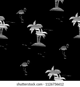 Vintage Beautiful seamless island pattern Landscape with palm trees, flamingo and ocean vector hand drawn style on black background.