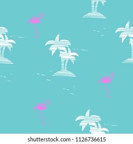 Vintage Beautiful seamless island pattern Landscape with palm trees, flamingo and ocean vector hand drawn style on blue color background.