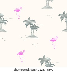 Vintage Beautiful seamless island pattern Landscape with palm trees, flamingo and ocean vector hand drawn style on color background.