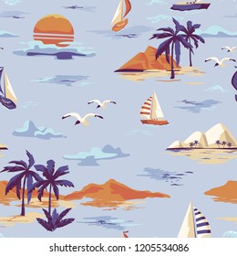 Vintage Beautiful seamless island pattern on white background. Landscape with palm trees, yacht, beach and ocean vector hand drawn style