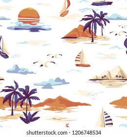 Vintage Beautiful seamless island pattern on white background. Landscape with palm trees, yacht, beach and ocean vector hand drawn style