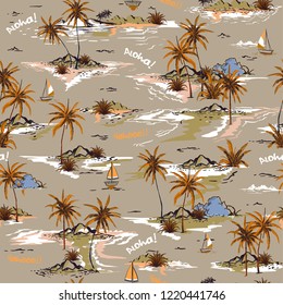 Vintage Beautiful seamless island pattern on white background. Landscape with palm trees,beach and ocean vector hand drawn style on brown color background.