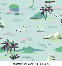 Vintage Beautiful seamless island pattern on white background. Landscape with palm trees, yacht, beach and ocean vector hand drawn style