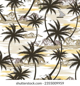 Vintage Beautiful seamless island pattern with palm trees