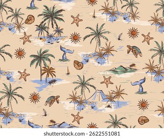 Vintage Beautiful seamless island pattern  Landscape with palm trees,beach , Sun and ocean vector hand drawn style Design for All prints