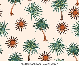 Vintage Beau motif tropical harmonieux Paysage avec palmiers, plage, soleil et océan Image vectorielle dessinée à la main Style Conception pour toutes les impressions