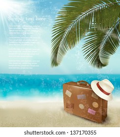 Vintage beautiful seaside background with suitcase and a hat. Vector