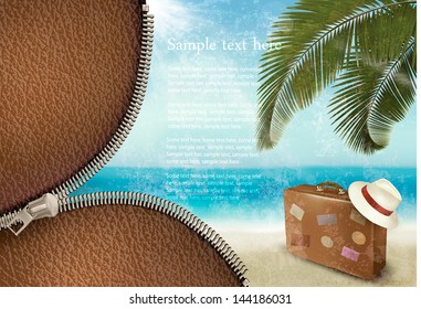 Vintage beautiful seaside background with suitcase and a hat. Vector illustration.