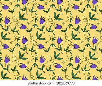 Vintage Beautiful and trendy Seamless Pattern flowers, Isolated on summer yellow color. Botanical Decoration Texture.