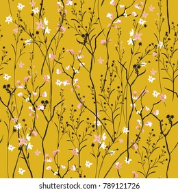 Vintage Beautiful and trendy Seamless Pattern wind blow flowers,  Isolated on summer amber color. Botanical Floral Decoration Texture. Vintage Style Design for Fabric Print, Wallpaper Background.