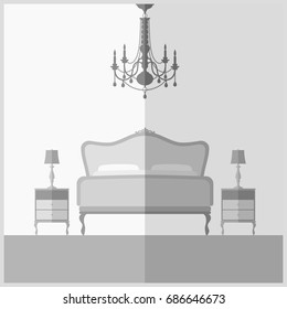 Vintage bed, bedside tables and lamp. Flat design illustration.