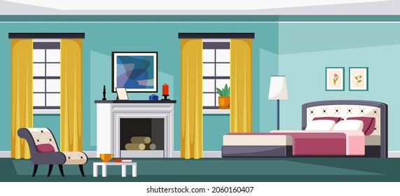 Vintage bedroom illustration. Fashionable double bed with armchair and fireplace cozy place to sleep and relax retro interior for relaxation and restful sleep. Vector cartoon design.