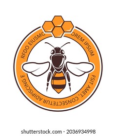 Vintage bee logo design. Honeycombs and wasp, retro new honey harvest sticker. Rural agriculture market vector badge