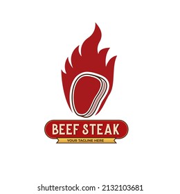 Vintage beef steak and grill restaurant logo design template, steak and grill logo vector. Flame steak logo design templates for meat store, charcuterie, steak, barbecue