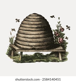 Vintage beehive illustration with bees, flowers, and greenery. Classic beehive art showcasing bees, nature, and rustic charm. Bees and beehive theme. Vintage art illustration, vector.