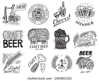 Vintage beer badge. Set of Alcoholic Label with calligraphic elements. Classic American frame for poster banner. Cheers toast. Hand drawn engraved sketch lettering for for web, pub menu