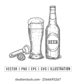 Vintage Beer Bottle and Glass Illustration with Opener and Hops - Vector, PNG, EPS