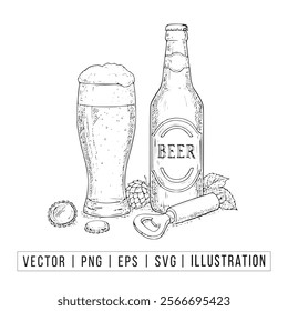 Vintage Beer Bottle and Glass Illustration with Opener and Hops - Vector, PNG, EPS