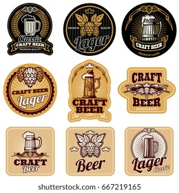 Etiquetas vectoriales de botellas de cerveza antiguas. Etiqueta de la bebida alcohólica, ilustración de las etiquetas de la cerveza del frasco