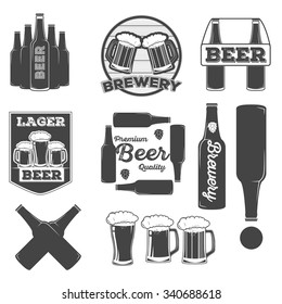 Vintage beer brewery emblems, beer labels and design elements for projects, advertisement, invitations, prints, cards. Beer glasses, bottle.