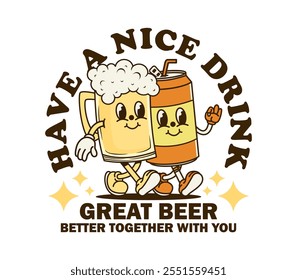 Mascota de dibujos animados de cerveza de Antiguas con un diseño groovy y un eslogan motivador. Perfecto para camisetas, pegatinas, carteles, ropa y diseños de impresión