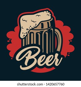 Vintage beer colorful badge with mug full of frothy drink isolated vector illustration