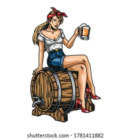 Vintage beer colorful concept with beautiful pin up girl holding mug of foamy drink and sitting on wooden barrel isolated vector illustration