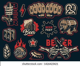 Vintage beer elements colorful collection with fiery cap pretzel wheat ears skeleton hands clinking bottles tap male fists barrel mug cans of beers isolated vector illustration