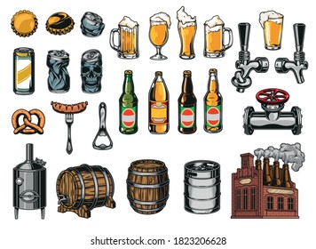 Vintage beer elements colorful set with bottles glasses cups mugs caps aluminum cans taps sausage on fork wooden barrel metal keg opener pretzel brewing machine isolated vector illustration