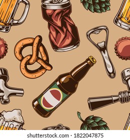 Elementos de cerveza de cosecha vintage patrón sin fisuras con abrebotellas pretzel aluminio desmenuzado puede tapar tapón tapón grifo ilustración vectorial