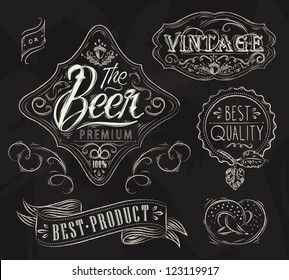 Vintage beer elements stylized drawing with chalk on a black background.