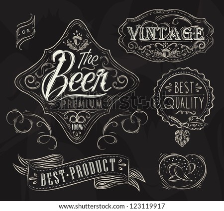 Vintage beer elements stylized drawing with chalk on a black background.