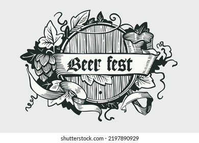 Vintage beer emblem with barrel and hops, hand drawn engraving style illustration. Perfect for Oktoberfest invitations, line drawing labels, brewery posters, bars t-shirts, sketch style banners.
