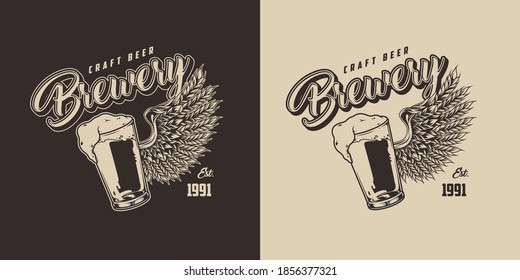 Vintage beer emblem with glass full of foamy drink and eagle wing of wheat ears on dark and light backgrounds isolated vector illustration