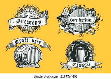 Vintage beer emblems, hand drawn engraving style illustration. Oktoberfest vector collection. Perfect for festival invitations, bottle line drawing labels, posters, t-shirts, or sketch style banners.