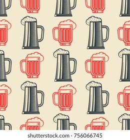 Vintage beer glasses semless pattern. Retro background. Vector flat illustration