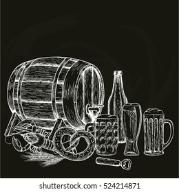 Vintage beer illustration on black background. Drawing for pub or bar menu. Vector.