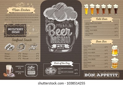 Vintage beer menu design on cardboard. Restaurant menu