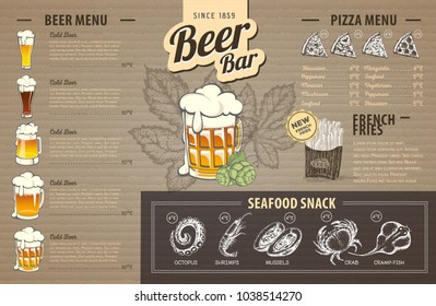 Vintage beer menu design on cardboard. Restaurant menu