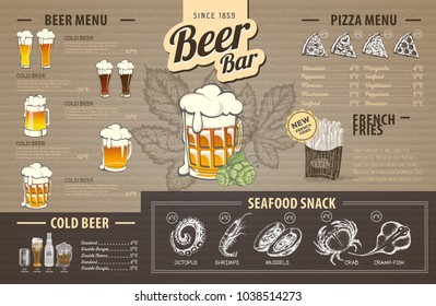 Vintage beer menu design on cardboard. Restaurant menu