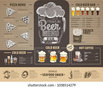 Vintage beer menu design on cardboard. Restaurant menu