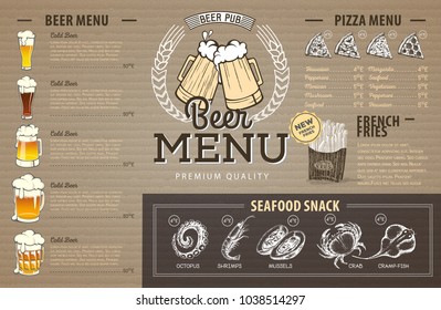 Vintage beer menu design on cardboard. Restaurant menu